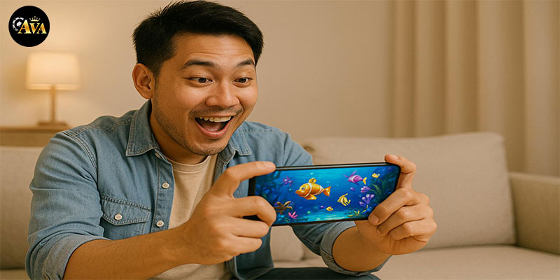 Người chơi trải nghiệm game bắn cá tại nhà cái Ava với cảm xúc vui vẻ và hào hứng